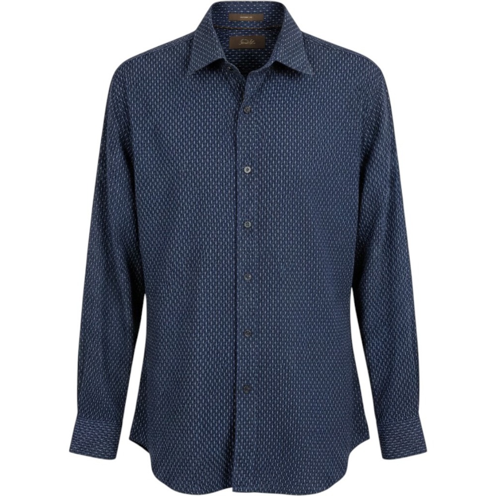 Tasso Elba Tailored Fit Button Down Shirt Men's Cotton Dashed Print Navy Blue XL